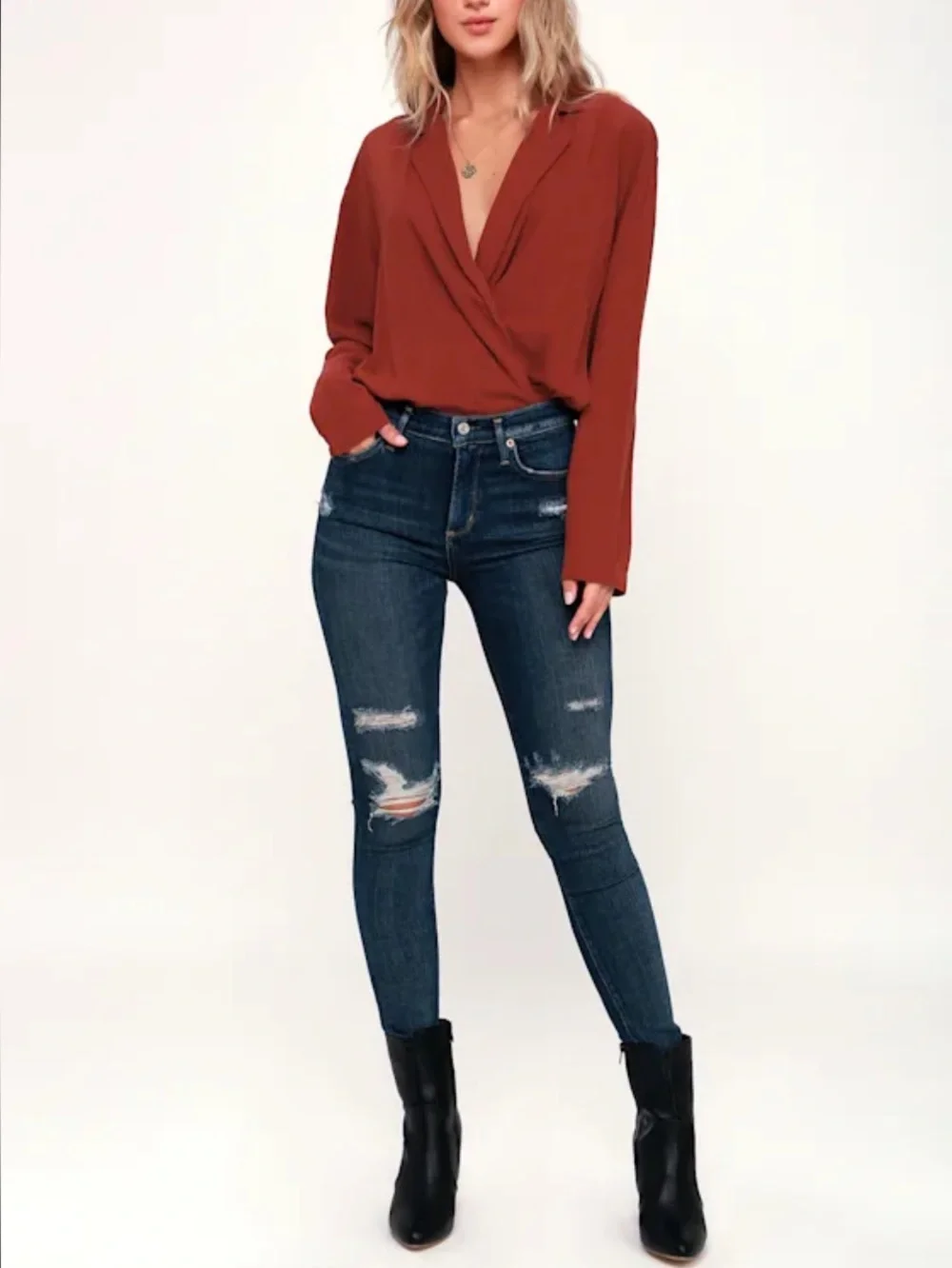 Free People | Elsa Rust Red Long Sleeve Surplice Bodysuit